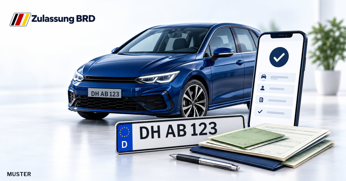 Online Fahrzeugzulassung in Bassum: Musterkennzeichen DH AB 123, Auto und Fahrzeugpapiere und Smartphone. Illustration mit Logo von Zulassung BRD.